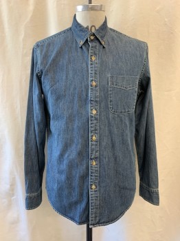 Mens, Casual Shirt, J CREW, Denim Blue, Cotton, M, Collar Attached, Button Down Collar, Button Front, 1 Pocket, Long Sleeves