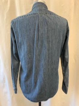 Mens, Casual Shirt, J CREW, Denim Blue, Cotton, M, Collar Attached, Button Down Collar, Button Front, 1 Pocket, Long Sleeves