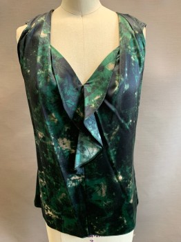 Womens, Top, TAHARI - NORDSTROM, Green, Black, Taupe, Silk, Elastane, XS, Watercolor Floral, Slvls, with Twist at Shoulder, Pullover, Ruffle CF