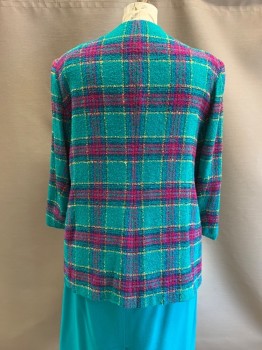 Womens, 1980s Vintage, Suit, Jacket, KORET, Teal Blue, Magenta Pink, Yellow, Black, Purple, Acrylic, Wool, Plaid, B:44, Tartan. No Collar, Padded Shoulders, Single Breasted, B.F., Gold Solid Round Buttons, No Pckts, Poly Lining