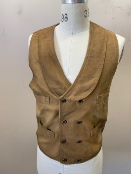 Mens, Historical Fiction Vest, SCULLY, Lt Brown, Cotton, Solid, 38, Double Breasted, Shawl Lapel, 4 Pockets, Duck, Teal/white Stripe Lining, Aged