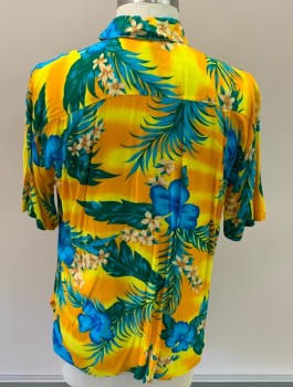 Mens, Hawaiian Shirt, BLUE SKY, Lemon Yellow, Turquoise Blue, Orange, Dk Green, Tan Brown, Rayon, Hawaiian Print, XL, C.A., Button Front, S/S, 1 Front Pocket, Coconut Shell Buttons
