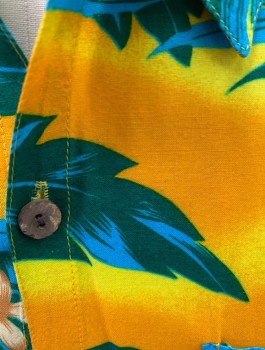 Mens, Hawaiian Shirt, BLUE SKY, Lemon Yellow, Turquoise Blue, Orange, Dk Green, Tan Brown, Rayon, Hawaiian Print, XL, C.A., Button Front, S/S, 1 Front Pocket, Coconut Shell Buttons