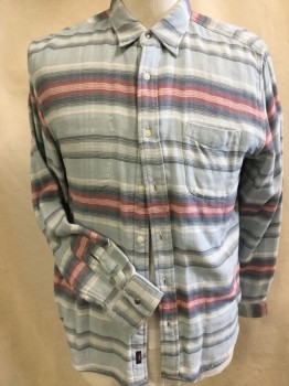 Mens, Casual Shirt, FAHERTY, Multi-color, Cotton, L, (Reversible) One Side-baby Blue/white/navy/gray Horizontal Stripes, and the Other Side-teal Blue/red/baby Blue/white Plaid, Collar Attached, Button Front, Long Sleeves, 1 Pocket