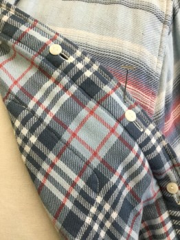 Mens, Casual Shirt, FAHERTY, Multi-color, Cotton, L, (Reversible) One Side-baby Blue/white/navy/gray Horizontal Stripes, and the Other Side-teal Blue/red/baby Blue/white Plaid, Collar Attached, Button Front, Long Sleeves, 1 Pocket