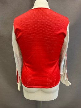Mens, Athletic, VIKING, Red, Nylon, S, CN, L/S, Jersey Mesh, Ivory Collar & Sleeves, Red Stripe On Sleeves