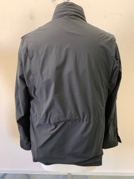 Mens, Casual Jacket, BANANA REPUBLIC, Black, Polyester, L, Stand Collar With Snap Butons, Zip Front & Snap Front, 4 Large Pockets, Epaulets