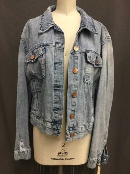 Womens, Jean Jacket, FOREVER 21, Blue, Cotton, M, Button Front, Collar Attached, 2 Pockets, Distressed