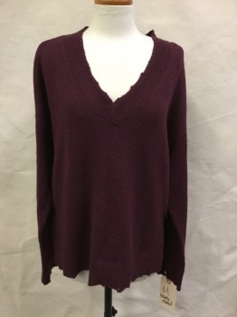 Womens, Pullover, MELROSE AND MARKET, Red Burgundy, Cotton, Polyester, Solid, M, V-neck, Long Sleeves, Boxy, Slit Sides, Thick Rib Knit Trim with Mysterious Holes, Aged/Distressed?