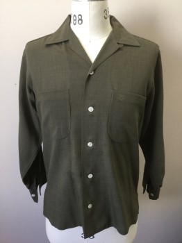 EXCELLO, Dk Olive Grn, Polyester, Wool, Heathered, Streaked/Heathered Dark Olive, Long Sleeve Button Front, Collar Attached, 2 Patch Pockets, Small Olive Embroidered Logo on One Pocket, White Translucent Buttons, 1950's