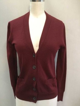Womens, Sweater, J CREW, Maroon Red, Wool, Solid, XS, Long Sleeve Cardigan, Ribbed Knit Waistband/Cuffs, V-neck, 5 Buttons, 2 Pockets