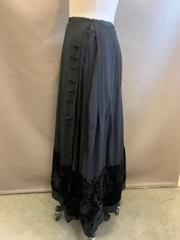 N/L, Black, Polyester, Solid, 3/4" Wide Grosgrain Waistband, Pleated At Sides with Decorative Column Of Cord Loops & Covered Buttons, Burn Out Velvet At Hem, Snap Closures At Center Back Waist, Floor Length Hem, Made To Order, Mended,