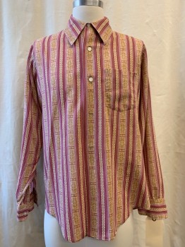 Mens, Casual Shirt, REGENCY, White, Red Burgundy, Tan Brown, Pink, Polyester, Cotton, Novelty Pattern, Stripes, 32, 14.5, Novelty Patterned Stripe, Long Sleeves, Button Front, Collar Attached, 1 Pocket,
