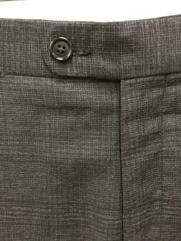 Mens, Suit, Pants, JOHN VARVATOS, Black, White, Wool, Silk, Speckled, Ins:34, W:34+, Black with Faint White Crosshatched Streaked Lines, Flat Front, Zip Fly, Button Tab Waist, 4 Pockets, Slim Leg