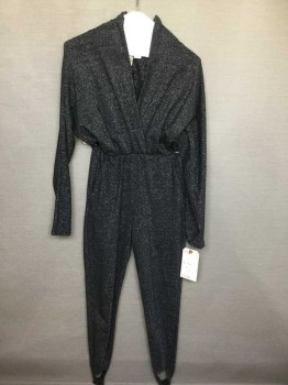 Womens, Jumpsuit, N/L, Black, Silver, Cotton, Polyester, Heathered, S, Cross Over Plunge Neck, Long Sleeves, 2 Pockets, Elastic Waist