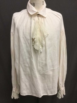 Mens, Historical Fiction Shirt, N/L, Off White, Cotton, Lace, Solid, XL, Long Sleeves, Pullover, Collar Attached, Cream Lace Jabot Style Ruffle At Neck & Cuffs, 2 Bronze Buttons At Neck, Poufy Gathered Sleeves