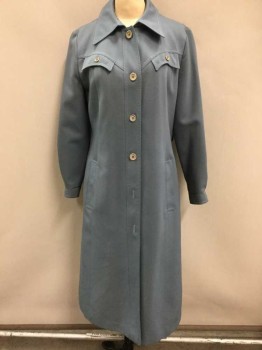 Womens, Trench Coat, FORCASTER OF BOSTON, Slate Blue, Polyester, Solid, B36, Single Breasted, 4 Gray Buttons At Center Front, (**There Was 6 Buttons, But Missing Two) Diagonally Curved Yoke At Shoulders W/2 Faux "Pockets", 2 Pockets At Hips, Belt Loops, (But No Belt Included)