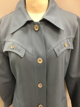 Womens, Trench Coat, FORCASTER OF BOSTON, Slate Blue, Polyester, Solid, B36, Single Breasted, 4 Gray Buttons At Center Front, (**There Was 6 Buttons, But Missing Two) Diagonally Curved Yoke At Shoulders W/2 Faux "Pockets", 2 Pockets At Hips, Belt Loops, (But No Belt Included)