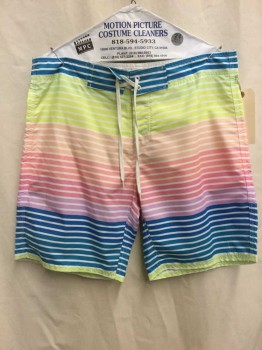 AMBSN, White, Multi-color, Synthetic, Stripes, White, Teal Blue/lime Green/yellow/peach/coral/pink/lavender/dk Blue Stripes