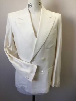 Mens, Formal Jacket, MTO, Cream, Silk, Solid, 38R, Double Breasted, Exaggerated Peaked Lapel, 3 Patch Pocket,  Waistband Insert at Back,