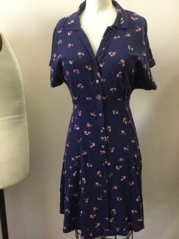 Womens, Dress, Short Sleeve, ONIEL, Navy Blue, Rose Pink, Brown, Viscose, Floral, XS, Button Front, Collar Attached, Short Sleeves, Tie Back Waist