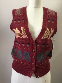 Womens, Vest, THE VILLAGER, Cranberry Red, Black, Brown, Lt Yellow, Teal Blue, Wool, Novelty Pattern, Stripes - Horizontal , S, V-neck, Button Front, Rows of Leaves & Acorns,