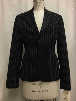 Womens, Suit, Jacket, RALPH LAUREN, Black, White, Wool, Stripes - Pin, 8, Black, White Pin Stripe, Peaked Lapel, 3 Buttons,  3 Faux Pockets