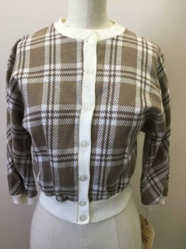 Womens, Sweater, TUSCANY KNITS, Brown, Cream, Acrylic, Plaid, 6, Button Front Cardigan, 1/2 Sleeves, Crew Neck, Rib Knit Trims
