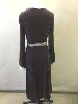 Womens, Dress, N/L, Dusty Purple, Lt Gray, Solid, W:28, B:32, Dusty Purple Velvet, Long Sleeves, Light Gray Crepe Modesty Panel at Bust, Trim at Cuffs, Collar & Self Ties at Neck, Godets at Hem of Skirt, Made To Order 1930's Reproduction, **2 Pieces: with Matching Self Velvet Fabric Sash Belt, with Light Gray Lace on Opposite Side  ***SUN DAMAGE at Shoulders