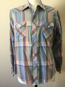 Mens, Western, WRANGLER, Blue, Pink, Yellow, Pink, Dk Gray, Polyester, Cotton, Plaid, 36, 17, Snap Front, Collar Attached, Long Sleeves,