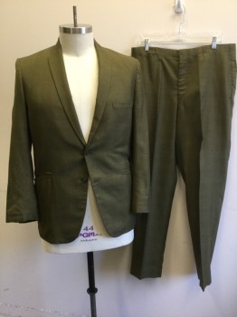 Mens, 1960s Vintage, Suit, Jacket, SEARS, Olive Green, Brown, Dk Green, Wool, Glen Plaid, 46R, With Micro-check, Single Breasted, Thin Lapel with Thin Top Panel, 2 Buttons,  3 Pockets, Solid Green Lining,