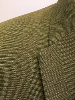 Mens, 1960s Vintage, Suit, Jacket, SEARS, Olive Green, Brown, Dk Green, Wool, Glen Plaid, 46R, With Micro-check, Single Breasted, Thin Lapel with Thin Top Panel, 2 Buttons,  3 Pockets, Solid Green Lining,