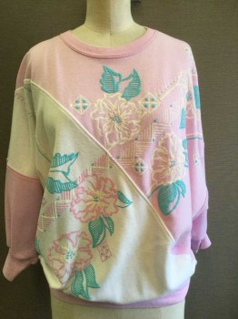 Womens, Sweatshirt, LAPS, Pink, Turquoise Blue, White, Cotton, Polyester, Floral, Geometric, B34-36, S, Jersey Knit, CN, Pink with White Diagonal Front Panel, 3/4 Dolman Sleeves, Puffy Paint Floral Design With Geometric Elements, Rib Knit CN/Waist/Cuff