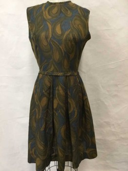 N/L, Brown, Navy Blue, Olive Green, Cotton, Abstract , Swirled Teardrop Pattern, Sleeveless, Pleated Skirt, Round Neck,  Hem At Knee, Zipper At Center Back,