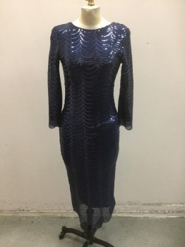 TFNC, Navy Blue, Polyester, Sequins, Stripes - Horizontal , Abstract , Sheer Mesh with Horizontal Scallopped Sequin Stripes, Over Opaque Stretch Underlayer, Long Sleeves, Wide Scoop Neck, Form Fitting, Hem Below Knee