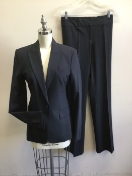 BOSS, Navy Blue, Wool, Lycra, Solid, Jacket - 1button Single Breasted, Peaked Lapel, 2 Pockets