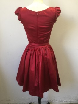 TRASHY DIVA, Red, Silk, Solid, Gathered Sweetheart Neck, Cap Sleeve, Zip Back, Gathered Side Waists and Back Waist, Knee Length, Self Bow Belt