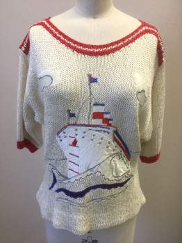 Womens, Sweater, N/L, Ecru, Cherry Red, White, Blue, Silk, Ramie, Novelty Pattern, B:34, Ecru Knit, with Cherry Red Accents at Bateau/Boat Neck and Cuffs, Short Sleeves, Silk Satin Nautical Novelty Appliques at Front, with Yacht on Ocean, Clouds,