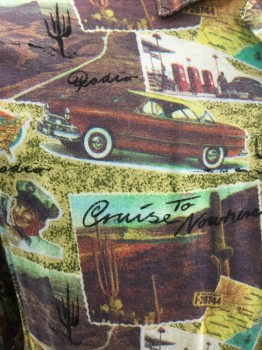 RADIO CLOTHING, Yellow, Red, Rust Orange, Black, Rayon, Novelty Pattern, Short Sleeves, Button Front, Collar Attached, 1 Pocket, Postcards From a Road Trip Print with a Guy with An Oil Can, Cactus and US Map, Route 66