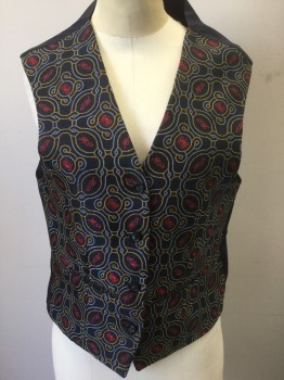 Womens, Vest, N/L, Navy Blue, Mustard Yellow, Lt Blue, Red, Polyester, Abstract , M, Navy with Mustard and Light Blue Curved Shapes, Red "HP" Monogram Repeating Throughout Pattern, Red Crowns, 4 Buttons, 2 Pockets, Solid Navy Lining and Back **Part of a Set of Multiples