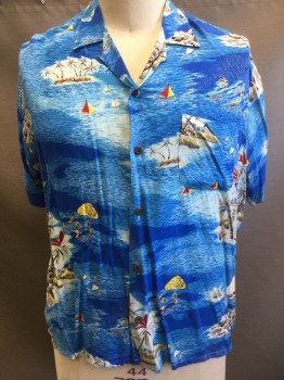 Mens, Hawaiian Shirt, N/L, Blue, Multi-color, Rayon, Hawaiian Print, Novelty Pattern, XL, Shades of Blue Ocean Water with Colorful Sailboats, Small Islands with Palm Trees and People Swimming Novelty Hawaiian Pattern, Short Sleeve Button Front, Collar Attached, 1 Patch Pocket