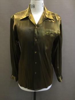 PRONTI, Brass Metallic, Rayon, Polyester, Solid, Chartreuse/Brass Metallic, Shiny, Button Front, Collar Attached, Long Sleeves, 1 Pocket
