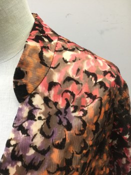 N/L MTO, Multi-color, Coral Pink, Black, Beige, Orange, Polyester, Floral, Multicolor Floral with Black Burnout Velvet Accents on Sheer Chiffon, Over Opaque Peach Underlayer, 3/4 Sleeves, Mandarin Collar with V-neck, 3 Black Satin Buttons at Bust, Empire Waist, Smocking at Elbows, Knee Length, Made To Order Reproduction