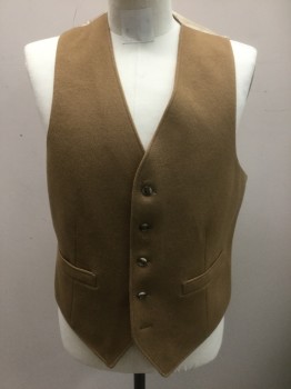 Mens, Vest, N/L, Camel Brown, Wool, Polyester, Solid, 42, Single Breasted, 5 Buttons, 2 Welt Pockets, Self Diamond and Vertical Stripe Pattern Poly Lining and Back, Belted Back