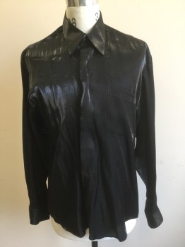 Mens, Club Shirt, LE MONDE, Iridescent Black, Rayon, Polyester, Solid, M, Metallic, Long Sleeve Button Front, Collar Attached, 1 Patch Pocket,