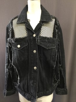 Womens, Casual Jacket, TOP SHOP MOTO, Black, Cotton, Nylon, Solid, 4, Denim Style, Collar Attached, Button Front, Flap Pockets, Huge Square and Rectangle Holes with Netting Inset