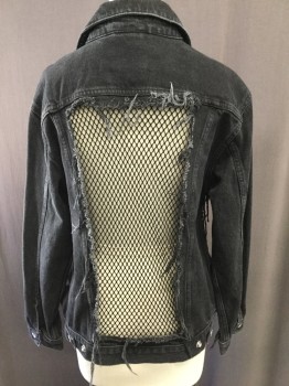 Womens, Casual Jacket, TOP SHOP MOTO, Black, Cotton, Nylon, Solid, 4, Denim Style, Collar Attached, Button Front, Flap Pockets, Huge Square and Rectangle Holes with Netting Inset
