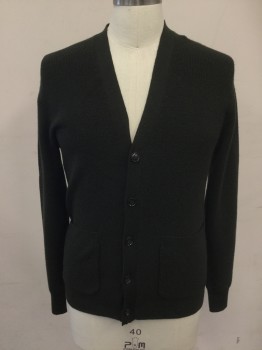 Mens, Cardigan Sweater, J CREW, Forest Green, Wool, Solid, S, Ribbed Knit Cardigan, V-neck, 5 Buttons, 2 Pockets, Long Sleeves