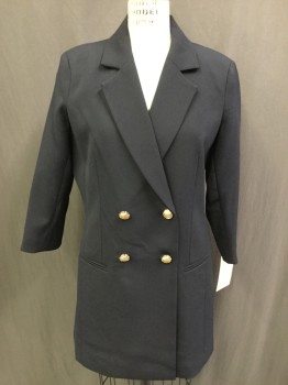 Womens, Blazer, MURAL, Navy Blue, Polyester, Solid, M, Double Breasted, Notched Lapel, Long Length, 3/4 Sleeves, 2 Pockets,