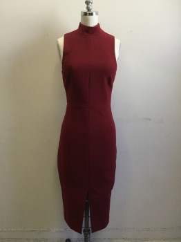 N/L, Wine Red, Polyester, Rayon, Solid, Stand Collar, Back Zip, Center Front Seam with Slit at Hem, Hem Below Knee